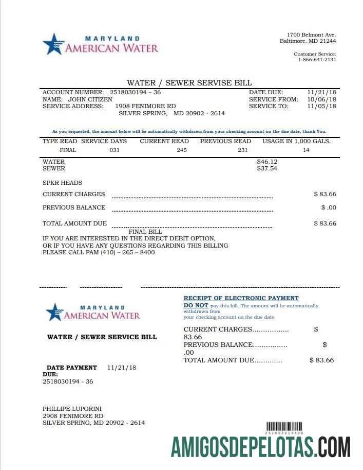 imprimível Modelo de conta de serviços públicos de água americano dos EUA Maryland em formato Word e PDF